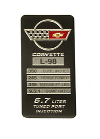 1990 Corvette C4 Console Engine ID Data Spec Plate L98 245/245/345  603240 