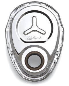 Edelbrock 4860 Timing Cover; Sb-Chevy Chrome With Welded Reinforcement Plate