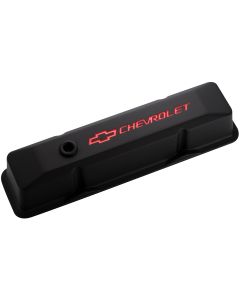 Engine Valve Covers; Tall Style; Die Cast; Black with Bowtie Logo; Fits SB Chevy