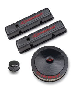 Engine Dress-Up Kit; Black Carbon Finish; Red Bowtie; Red Letters; For SB Chevy