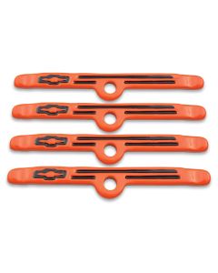 Engine Valve Cover Holdown Clamps; Orange with Black Bowtie Logo; SB Chevy; 4 Pc