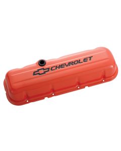 Engine Valve Covers; Stamped Steel; Short; Orange; w/ Bowtie Logo; Fits BB Chevy