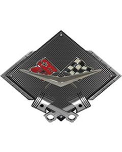Corvette C1 1961 Emblem Metal Sign, Black Carbon Fiber, Crossed Pistons, 25" X 19"