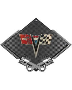 Corvette C2 1963-1964 Emblem Metal Sign, Black Carbon Fiber, Crossed Pistons, 25" X 19"