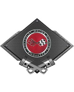 Corvette C3 Crossed Flags Sunburst Emblem Metal Sign, BlackCarbon Fiber, Crossed Pistons, 25" X 19"