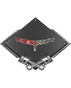 Corvette C3 1980 Emblem Metal Sign, Black Carbon Fiber, Crossed Pistons, 25" X 19"