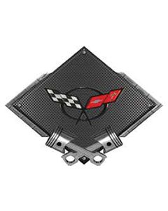 Corvette C5 1997-2004 Emblem Metal Sign, Black Carbon Fiber, Crossed Pistons, 25" X 19"