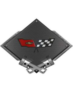 Corvette C3 1982 Emblem Metal Sign, Black Carbon Fiber, Crossed Pistons, 25" X 19"