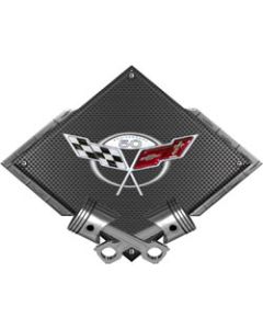 Corvette C5 2003 50th Anniversary Emblem Metal Sign, Black Carbon Fiber, Crossed Pistons, 25" X 19"