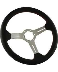 1963-1982 Corvette Steering Wheel, 14" Black-Perforated/Brushed Aluminum Slot Spokes, Red Stitch