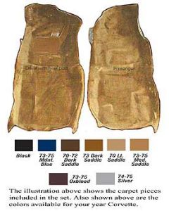 1970-1975 Corvette Front Cut-Pile Carpets With 4-Speed Transmission   	