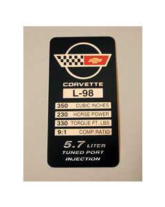 1985 Corvette Console Performance Specifications Plate L98	